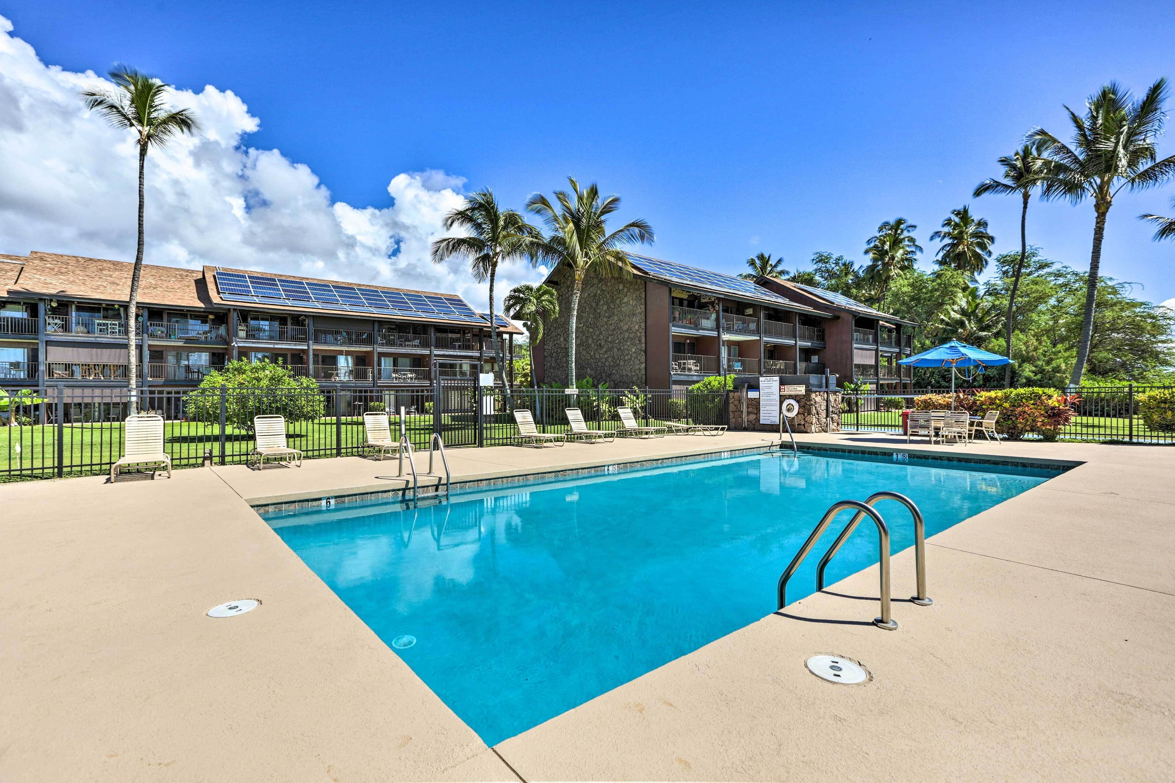 A swimming pool with lounge chairs and a building with solar panels.