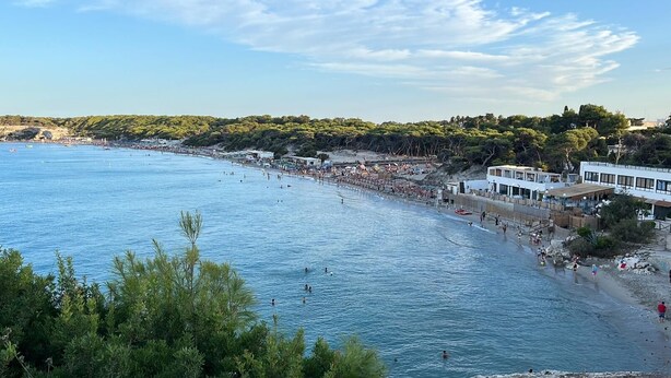 Una playa costera con una extensa franja de arena, un paseo marítimo y edificios a lo largo del litoral.