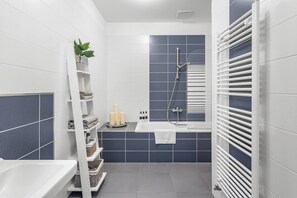 Hair dryer, towels, soap, toilet paper