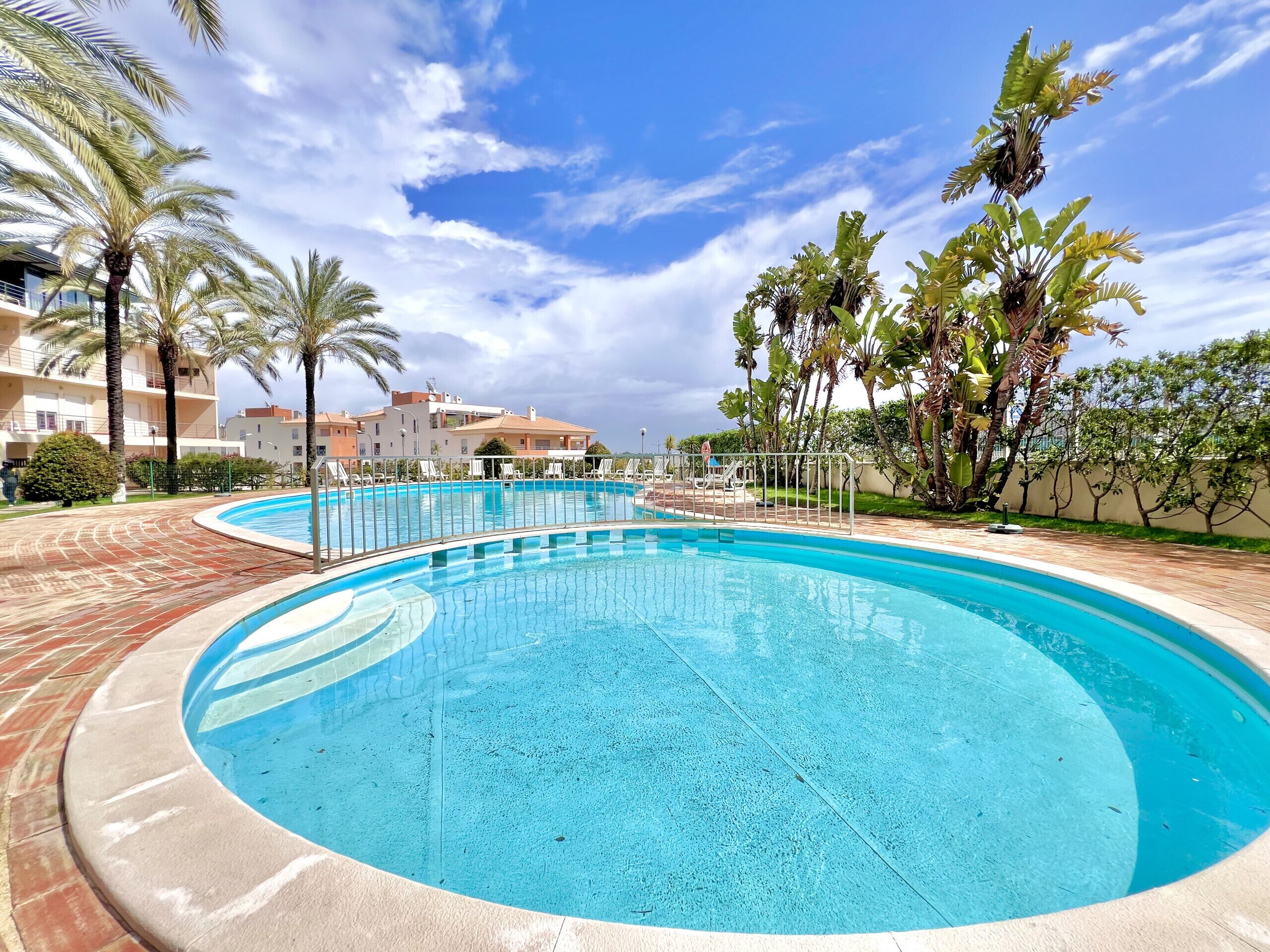 A large, curved swimming pool with a clear blue water surface, surrounded by palm trees and a brick walkway.