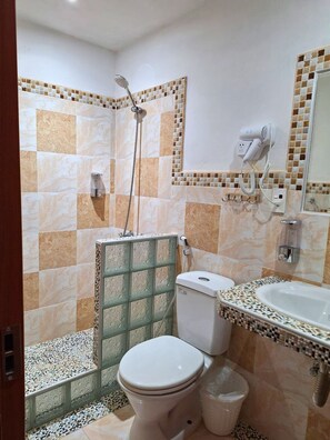 Shower, hair dryer, towels, soap