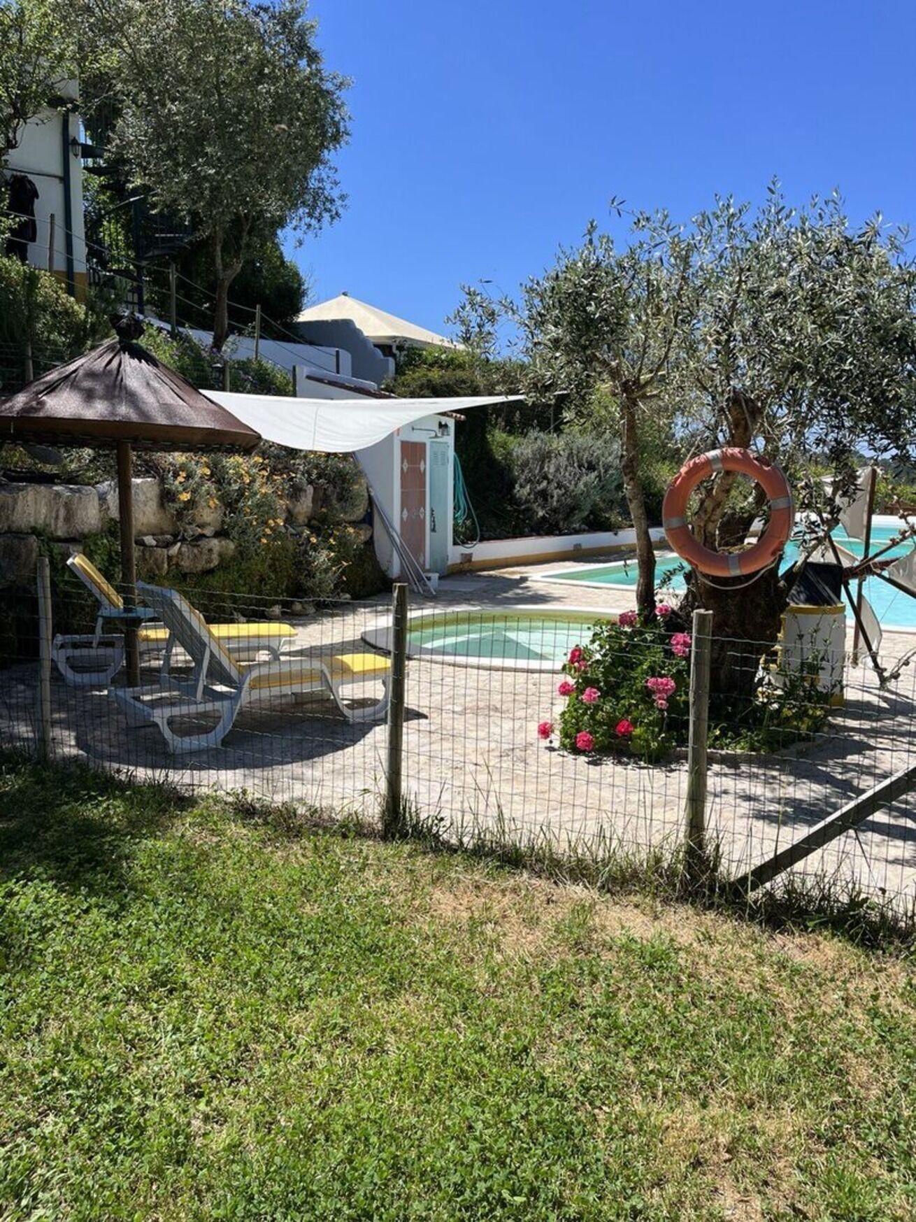 A fenced outdoor area with a pool, a gazebo, and a lifebuoy.