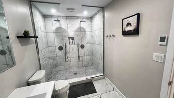 Shower, hair dryer, soap, shampoo