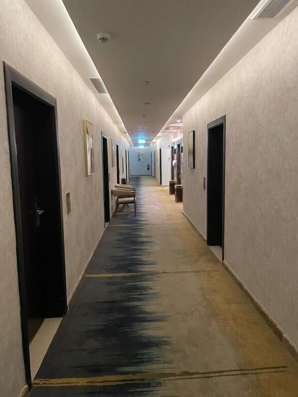 Un lungo e stretto corridoio con porte su entrambi i lati, un tappeto decorato e un lampadario al soffitto.