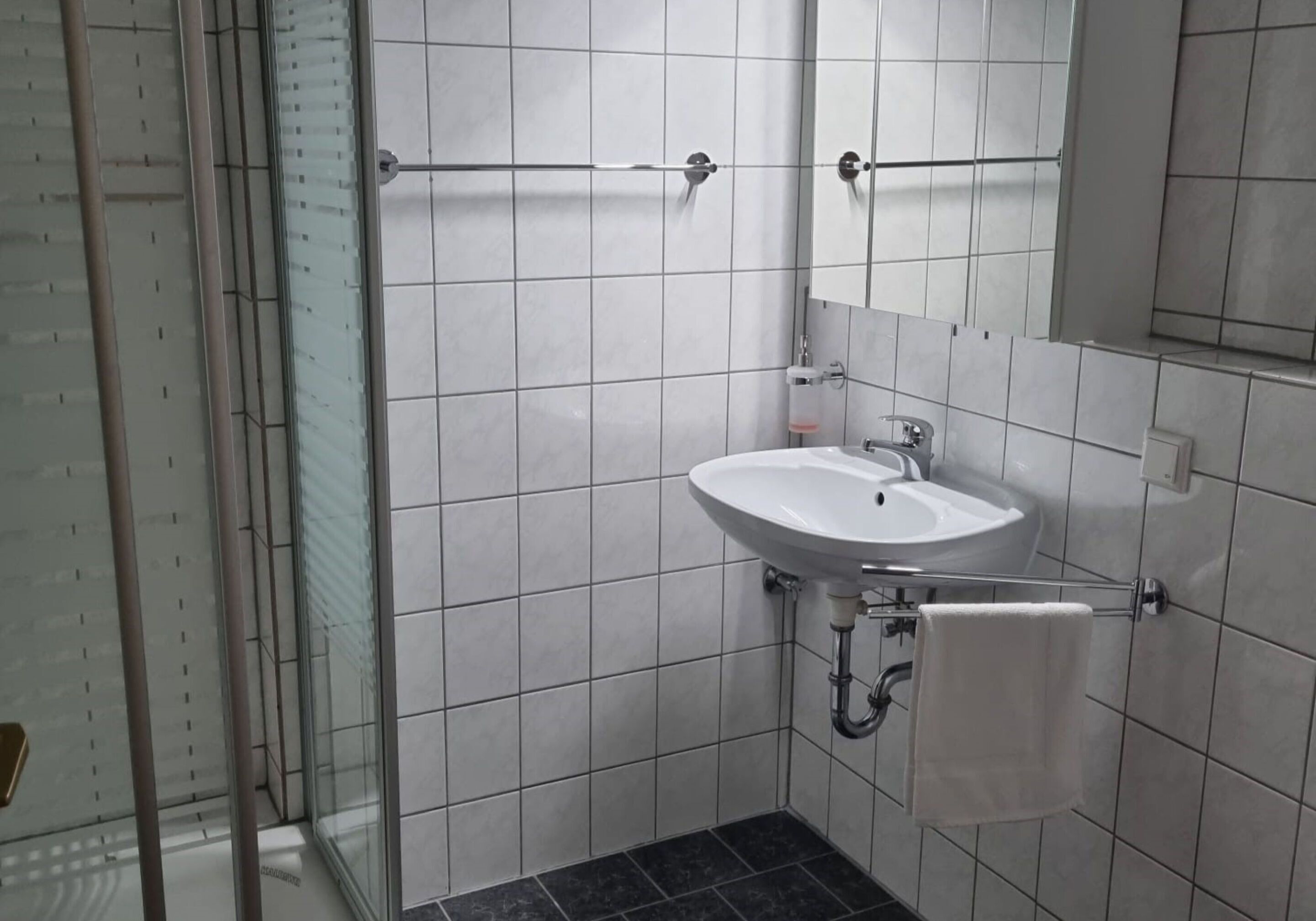 A bathroom with a white sink, a mirror, and a glass shower enclosure.