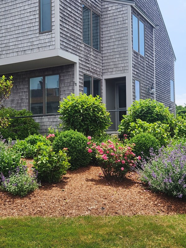 Une maison moderne à deux étages, dotée d’un jardin aménagé avec différents arbustes et fleurs.