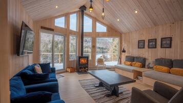 Smart TV, fireplace, books, stereo