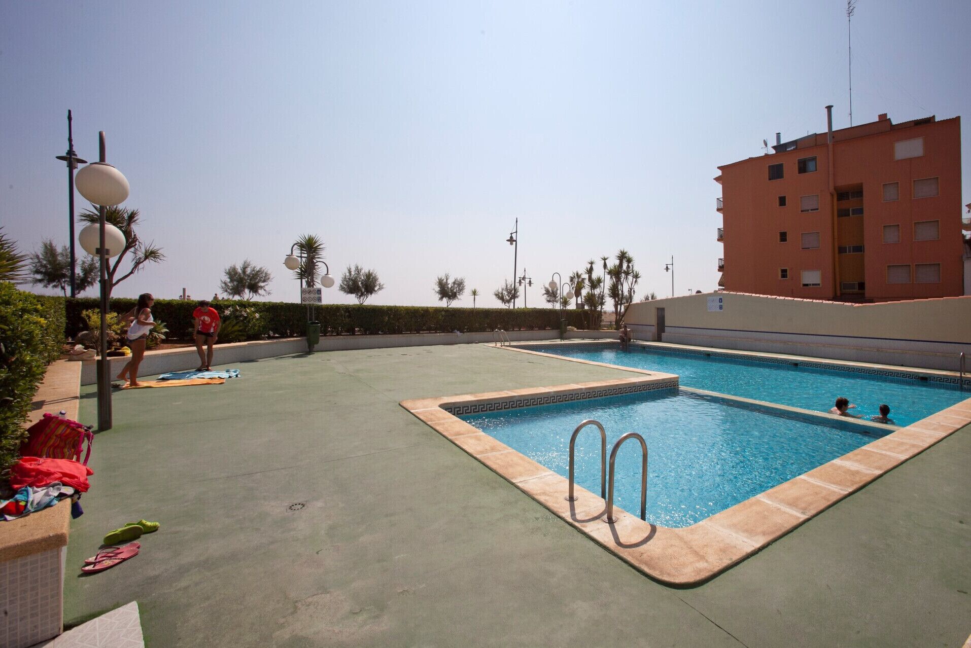 Piscina en la azotea con dos trampolines, rodeada de palmeras y un edificio.
