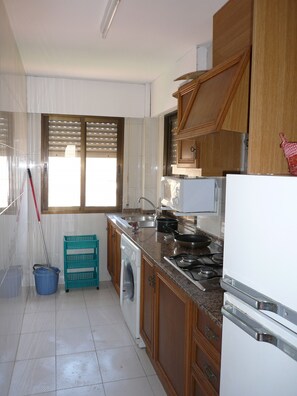Fridge, microwave, oven, cookware/dishes/utensils