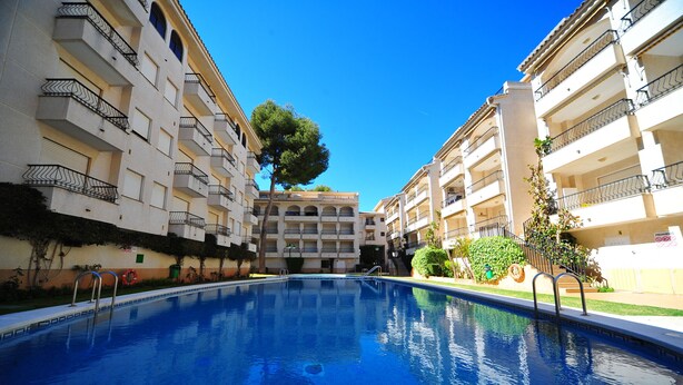 A swimming pool surrounded by multi-story buildings with balconies and a tree in the background. - UPPER SHORE (Alcoceber / Alcossebre)