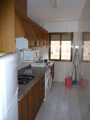 Fridge, microwave, oven, cookware/dishes/utensils