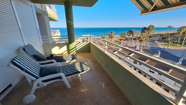 A balcony with two lounge chairs and a cat, overlooking a coastal view with palm trees and a road. - BAIX MAESTRAT (Peñiscola)