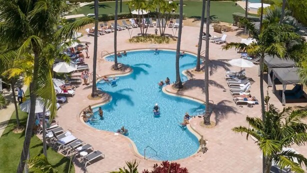Une piscine d’un complexe hôtelier, bordée de palmiers et offrant une vue sur l’océan.