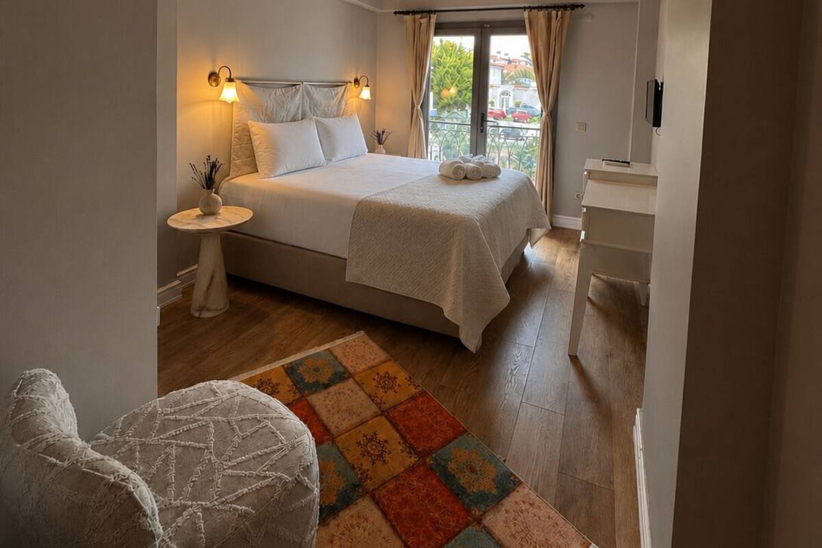 A bedroom with a bed, bedside tables, a chair, a window with curtains, and a view of the outside.