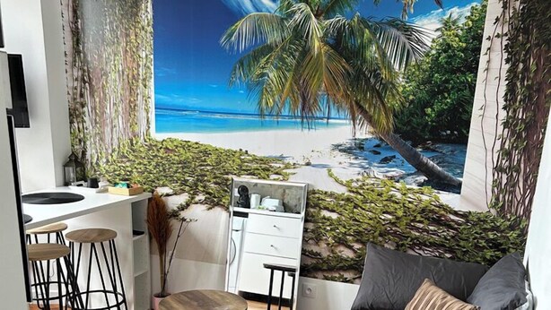 A cozy living area with a sofa, a coffee table, and a mural of a beach scene. - APPARTEMENT PARIS CDG COSY ET LUMINEUX (Livry-Gargan)