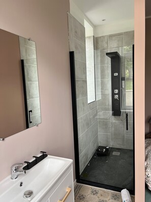 Shower, hair dryer, towels, toilet paper