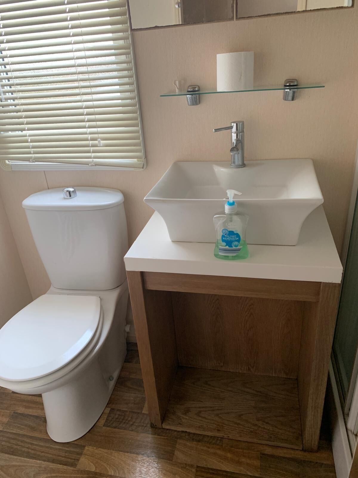 A bathroom with a toilet, a white sink with a soap dispenser, and a glass shelf above the sink.