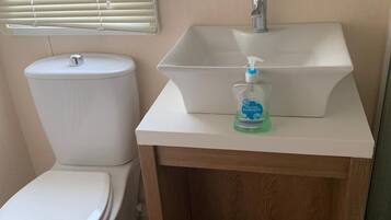 A bathroom with a toilet, a white sink with a soap dispenser, and a glass shelf above the sink.