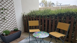 A patio with two chairs, a small table, a decorative plant, and a patterned rug.
