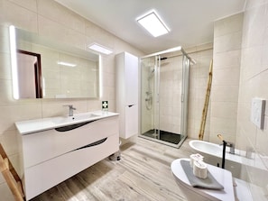 Shower, hair dryer, towels