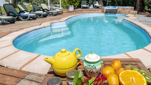 A poolside setting with lounge chairs, a yellow teapot, a fruit platter, and jars of jam. - Villa Piccola Stella with attached annex and private pool (Sardegna)