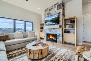 Smart TV, fireplace, foosball