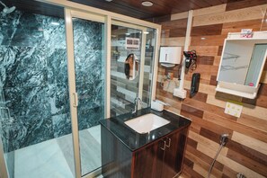 Shower, hair dryer, bidet, towels