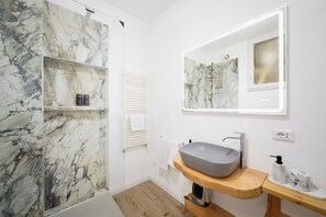 Shower, hair dryer, bidet, towels