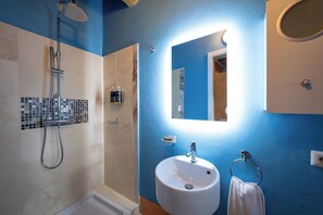 Shower, hair dryer, bidet, towels