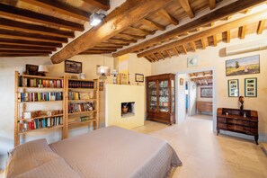 A spacious room with a large bed, wooden bookshelves, a fireplace, and a wooden cabinet.