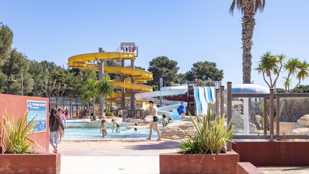 A water park with a pool, water slides, and palm trees.
