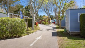 A narrow street lined with trees and small buildings, with a clear sky above.
