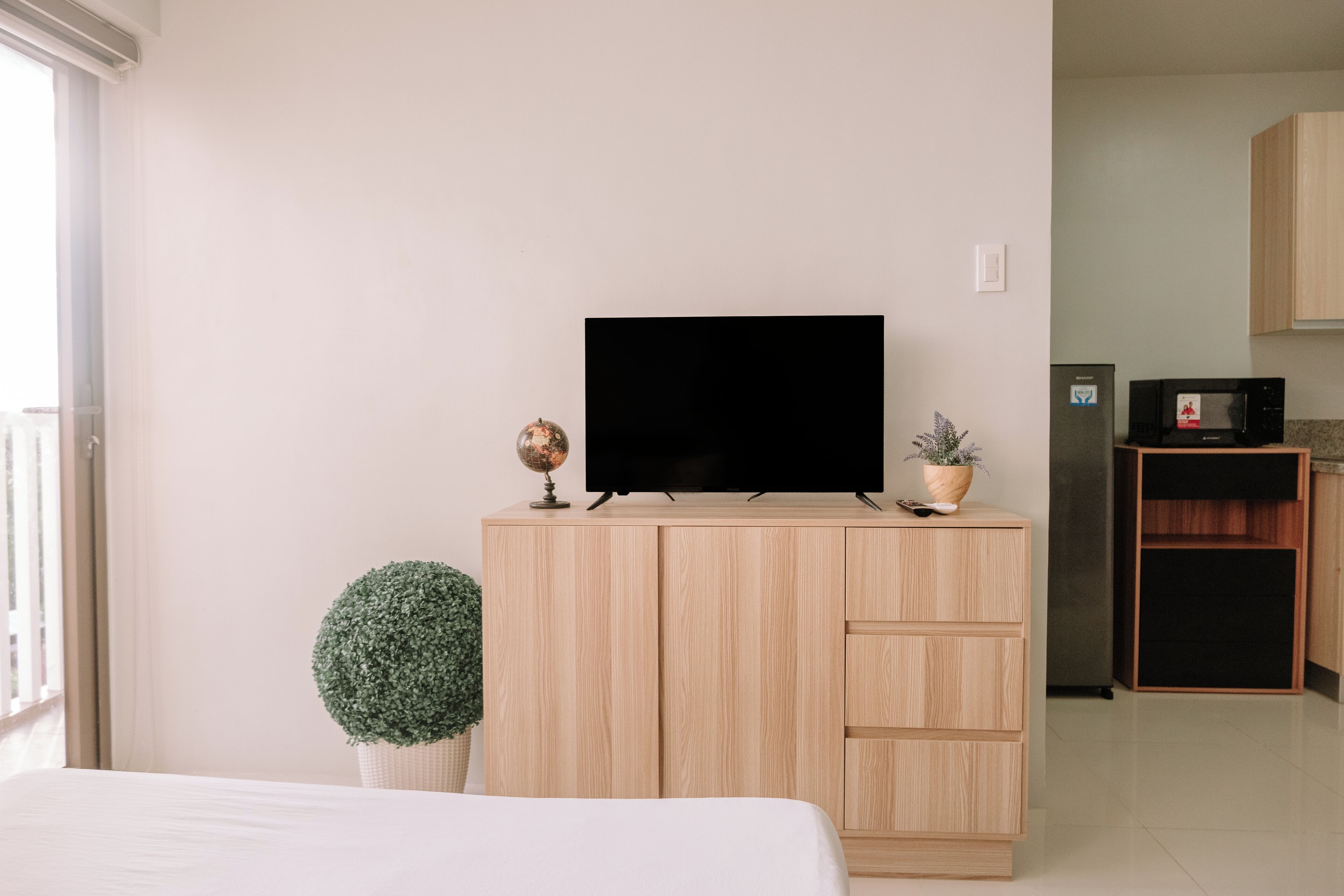 A modern bedroom with a bed, a TV on a wooden cabinet, a small globe, and a potted plant.