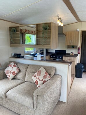 A compact living space with a sofa, a kitchenette, and a window overlooking greenery. - Cosy Rydal Static Caravan (Natland)