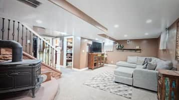 Smart TV, fireplace, books, offices