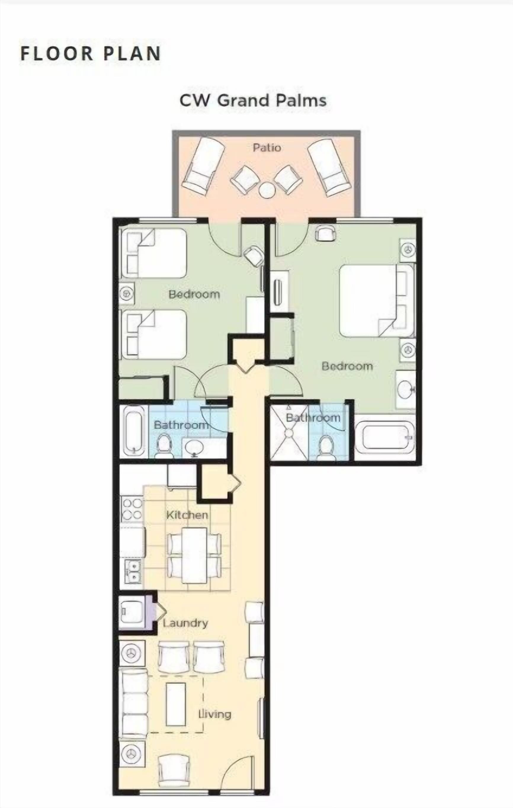 A floor plan of a hotel with two bedrooms, two bathrooms, a kitchen, a living area, a patio, and a laundry room.