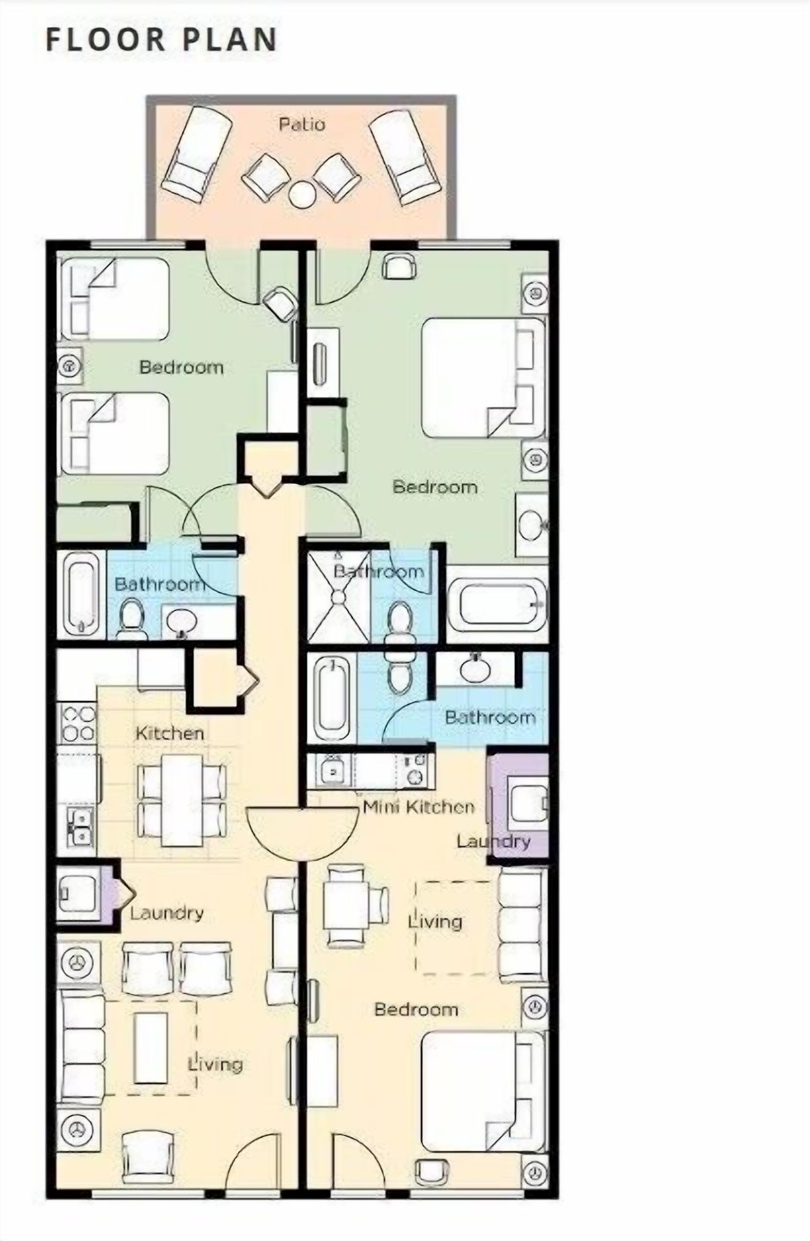 Planta baixa com dois quartos, duas casas de banho, cozinha, zona de lavandaria, sala de estar, pátio e cozinha compacta.