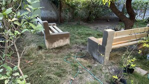 Ein Garten mit einer Betonbank, einem Gartenschlauch und einigen Blumentöpfen.