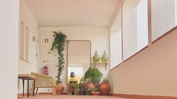 A hallway with a wooden bench, potted plants, a mirror, and a fire extinguisher.