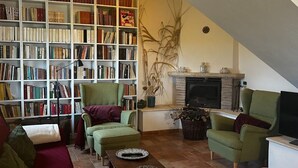 Een knusse woonkamer met een boekenkast, een open haard en comfortabele zitplaatsen.