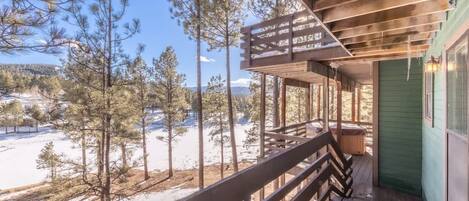 A wooden deck with a view of a snowy landscape and trees.