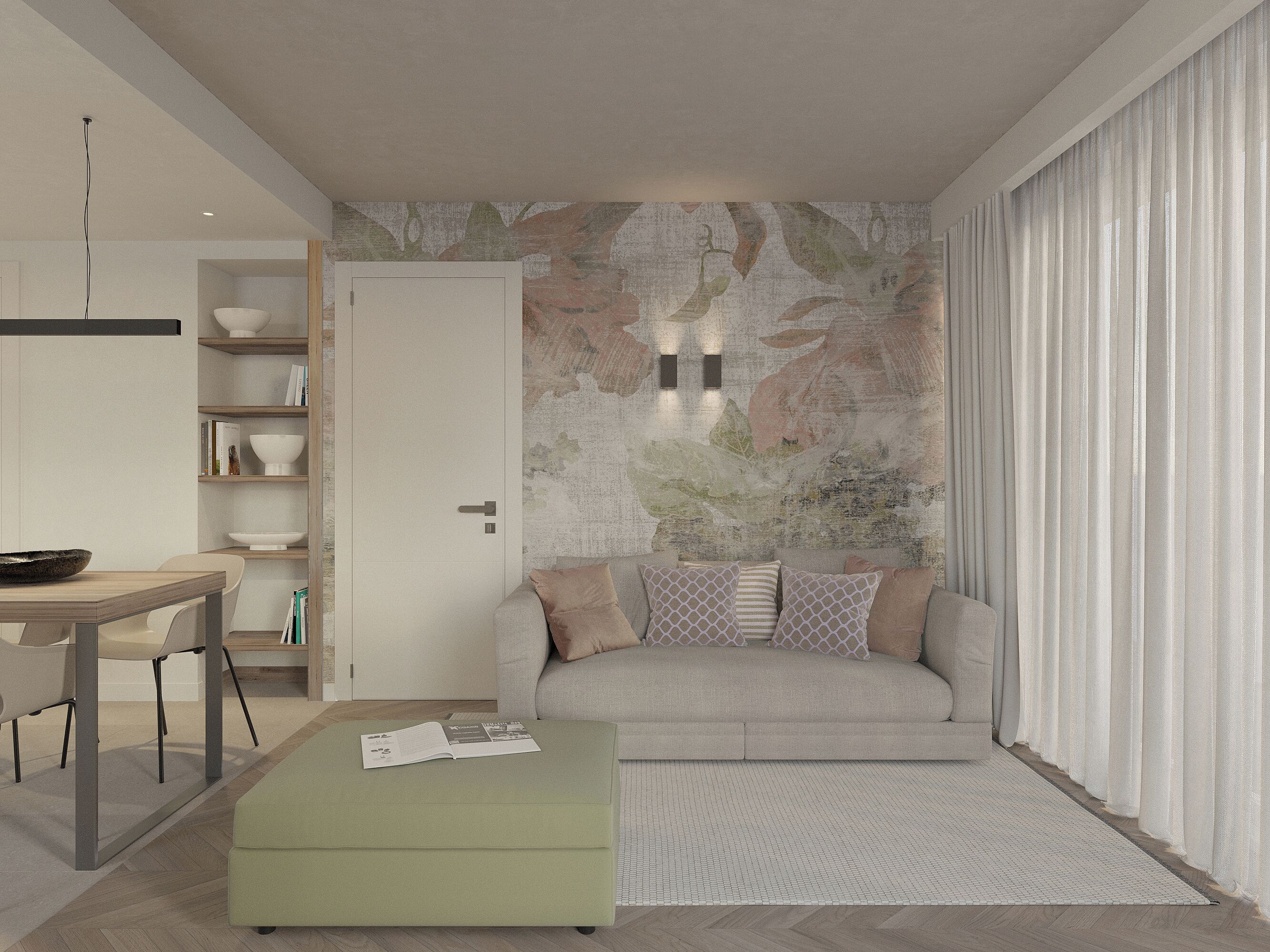 Ein modernes Wohnzimmer mit einer Couch, einem Hocker und einem Essbereich mit Tisch und Stühlen.