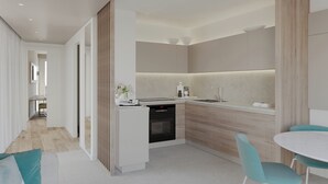 A modern kitchen with a built-in dishwasher, a small dining area with a table and chairs, and a light-colored floor.
