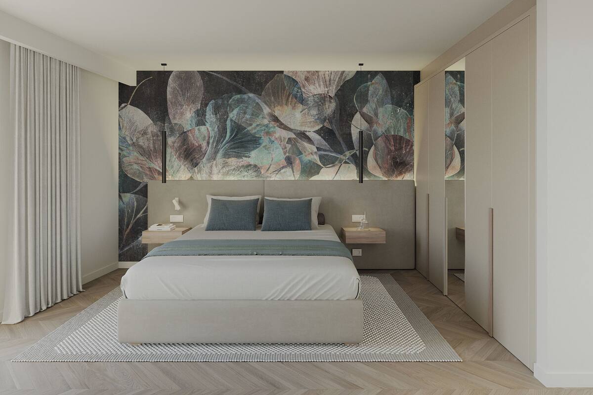 A modern bedroom with a large bed, a wall mural, and a minimalist design.