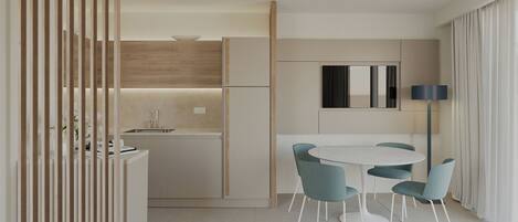 Uma cozinha moderna com ilha central, área de jantar com mesa redonda e cadeiras, e uma janela grande com cortinas.