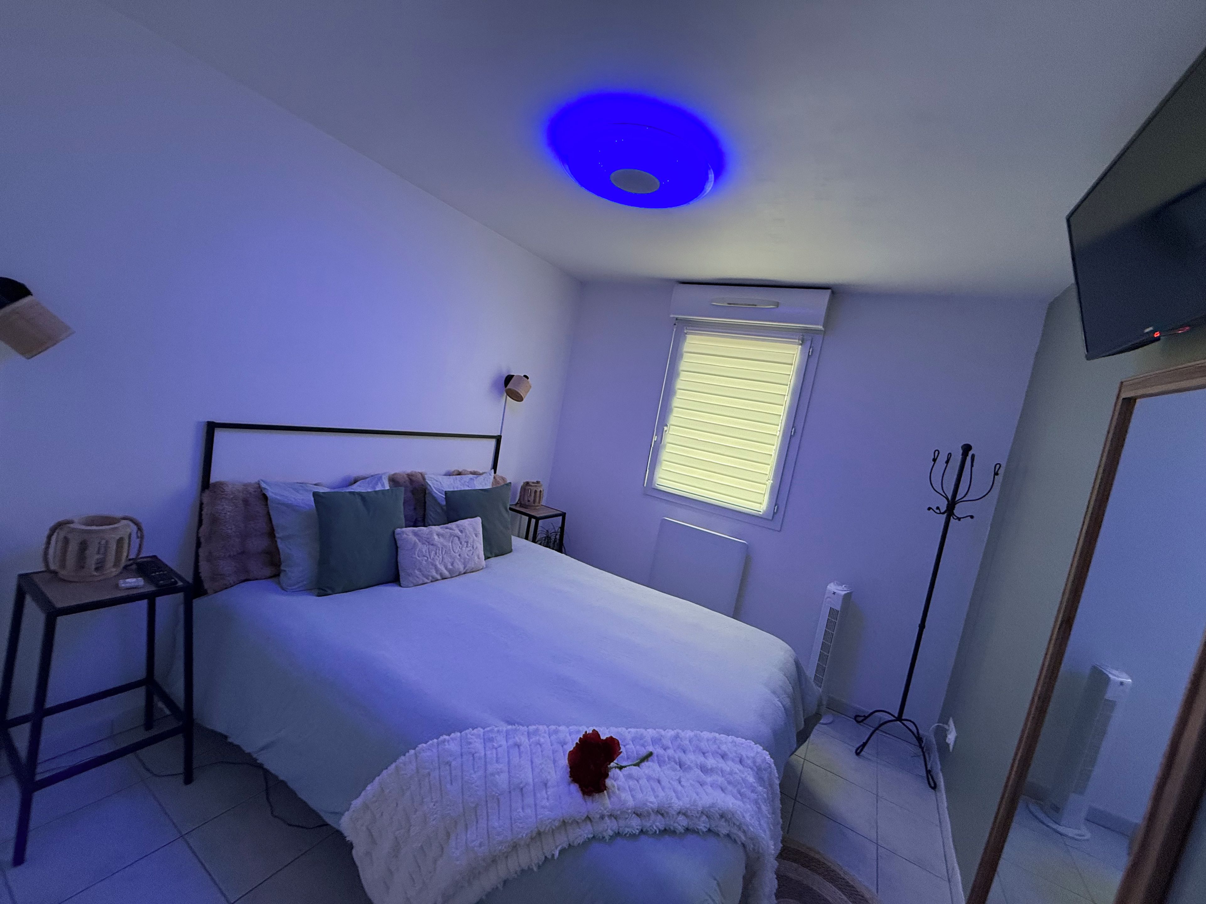 Un dormitorio con cama, mesitas de noche, una ventana con persianas, una lámpara de techo y un televisor montado en la pared.