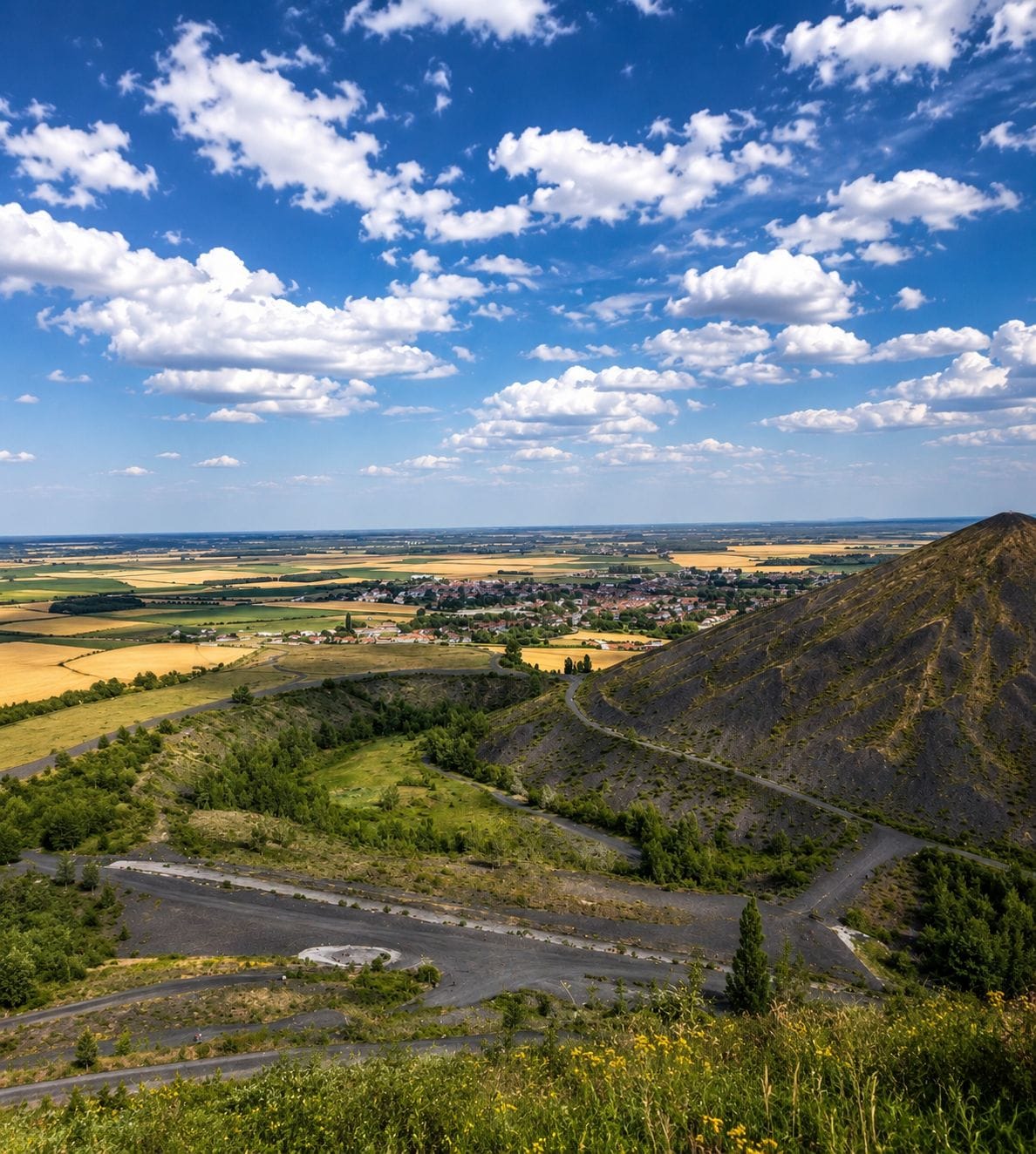 Une vue panoramique d’une ville nichée dans une vallée, avec une montagne en arrière-plan.