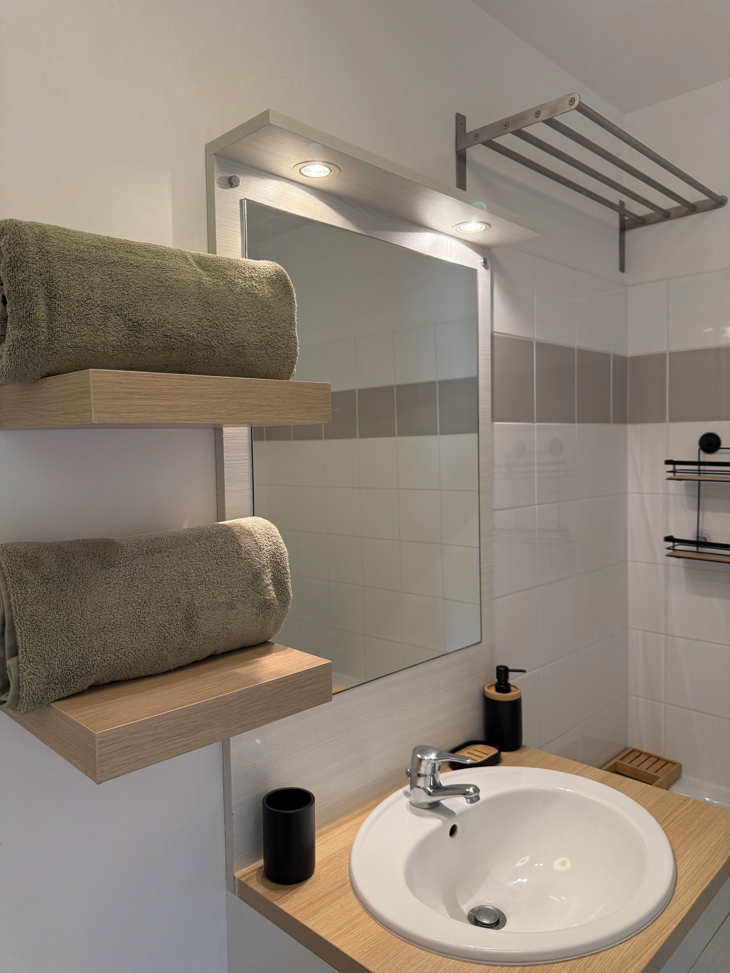 A bathroom with a white sink, a mirror, and two towel racks.