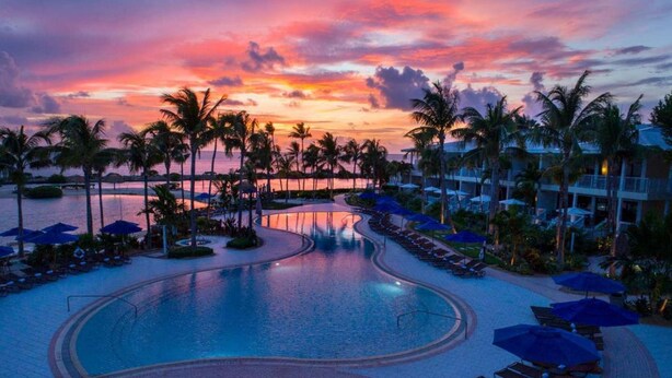 A resort pool area with palm trees and lounge chairs.