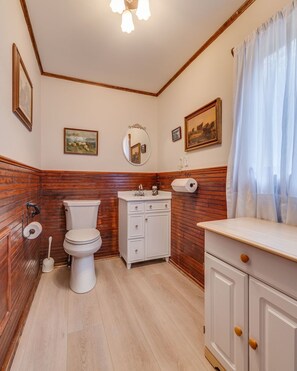 Shower, jetted bath, hair dryer, towels